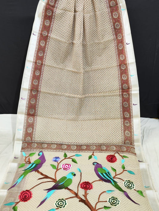 Kota Doria Paithani Embroidery Designer Saree Wheat Brown Colour with running blouse-Indiehaat
