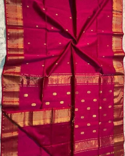 Maheshwari Handloom Handwoven Saree Burgundy Red Color Double Design Zari Border, flower work Buti pallu and running blouse - IndieHaat