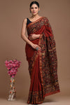 Pure Maheshwari Silk Saree Red Hand block Printed with running blouse (Silk by Silk)-Indiehaat