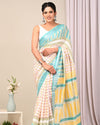 Linen Saree Light Beige Color Handblock Kalamkari Printed with running blouse - IndieHaat