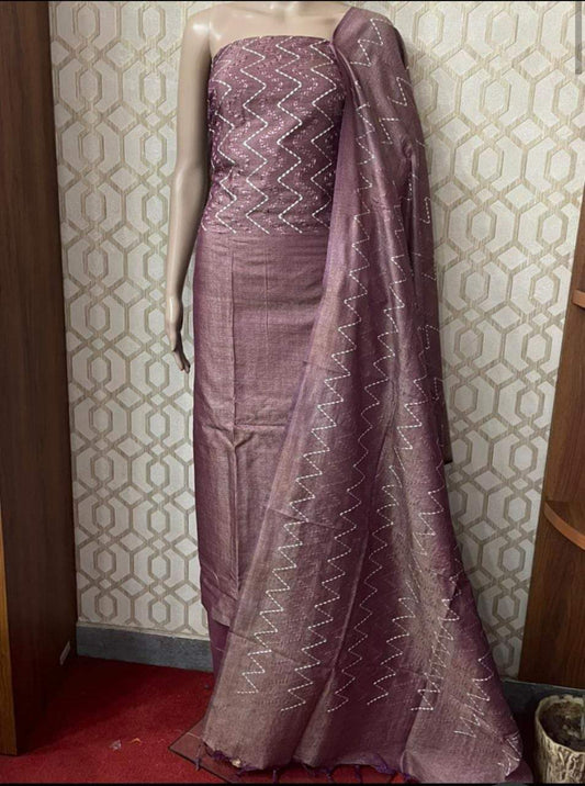 Khadi Cotton Suit Piece Cosmic Violet Color with Bottom and Dupatta Digital Zig-Zag Embroidered-Indiehaat