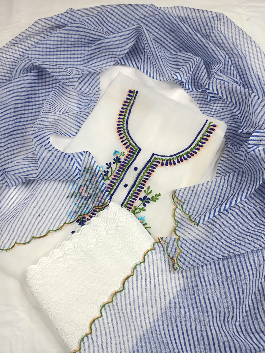 Kota Doria Embroidery White Suit Material with Leheriya Blue Dupatta and Chikenkari Bottom-Indiehaat