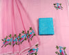 Kota Doria Embroidery Pink Saree with Blue blouse Handcrafted-Indiehaat
