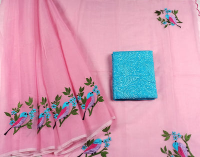 Kota Doria Embroidery Pink Saree with Blue blouse Handcrafted-Indiehaat