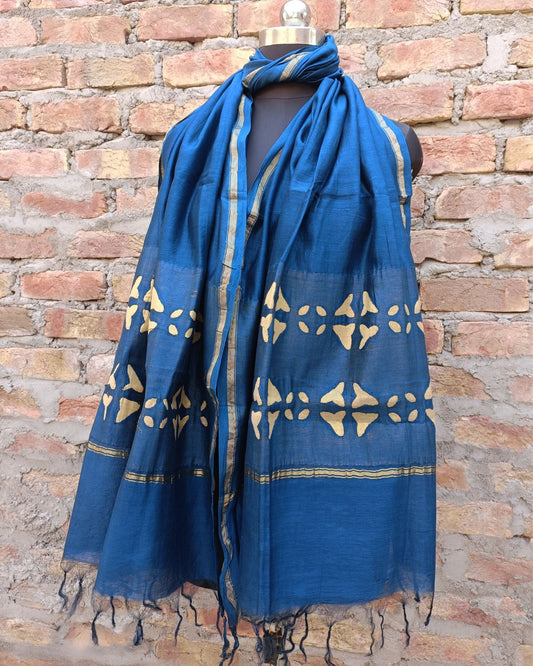 Chanderi Silk Dupatta Cornflower Blue Color Applique Work - IndieHaat