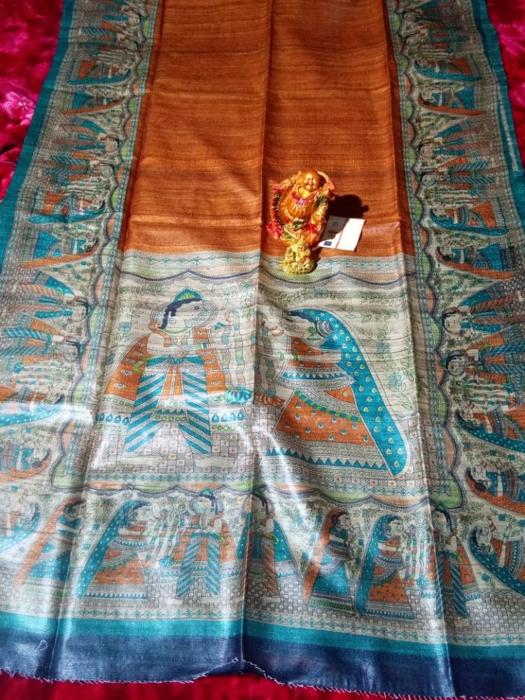 Silkmark Certified Tussar Silk Handloom Handblock Printed Orange Saree with Blouse-Indiehaat