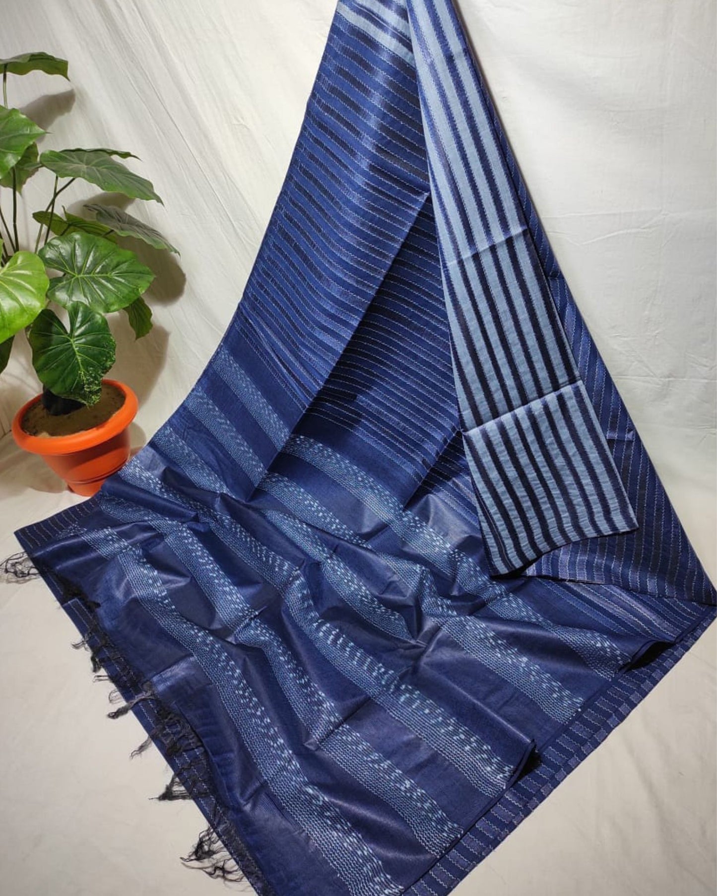 Bansbara Silk Saree Indigo Blue Color Striped Design with Tassel and running blouse - IndieHaat