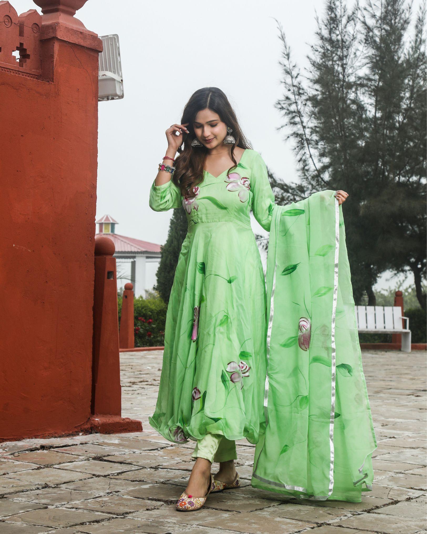 Organza Stitched Suit Pista Green Color Hand painted - IndieHaat