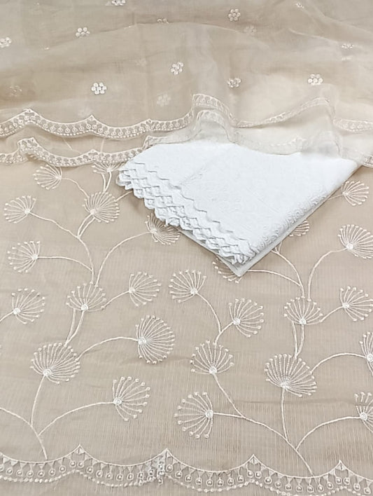 Kota Doria Embroidery Biege Suit Material with Matching Dupatta and Chikenkari White Bottom-Indiehaat