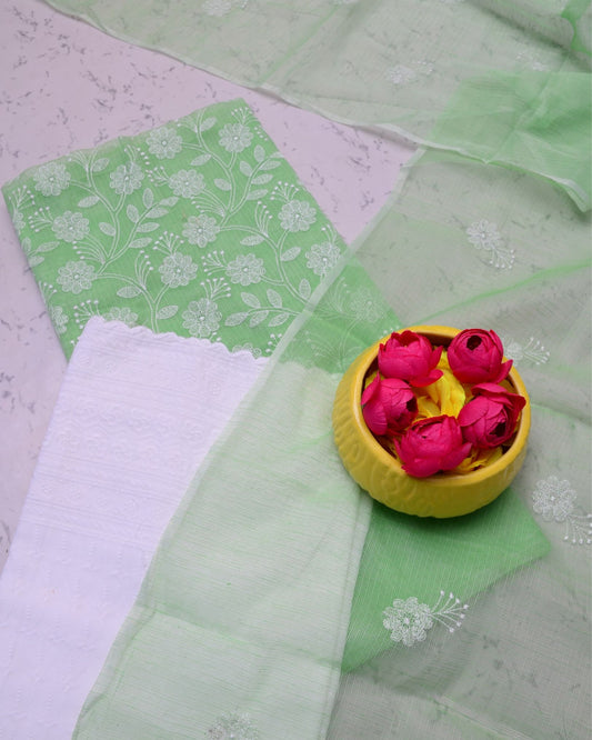 Kota Doria Suits White & Pastel Green Color Embroidery Work (Top+Bottom+Dupatta) - IndieHaat