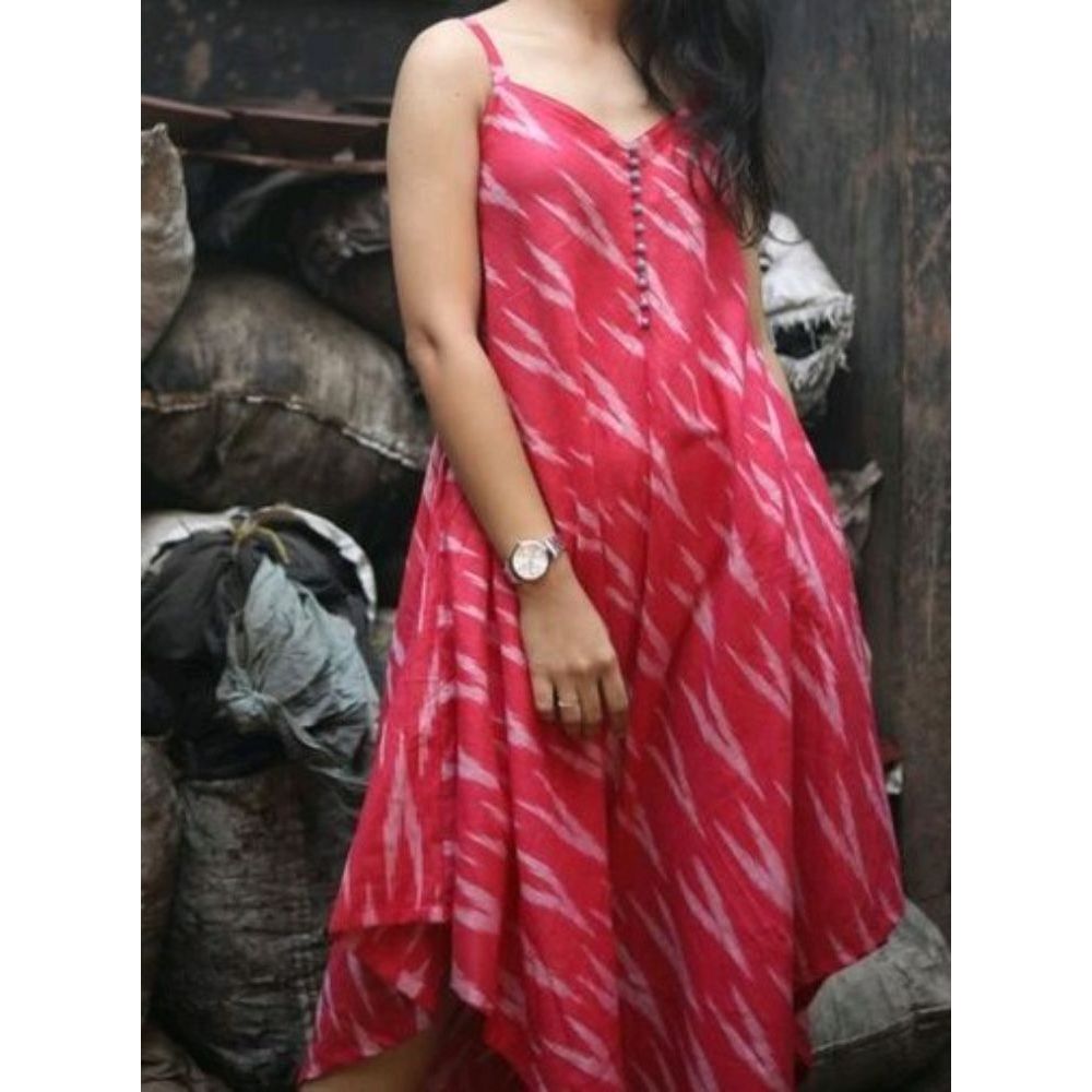 Pure Cotton Red Ikkat Handblock Printed Prestitched Dress (Size 34 to 46)-Indiehaat
