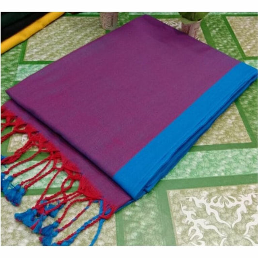 Pure Handloom Mul Cotton Purple Saree 120 Count (Without Blouse)-Indiehaat