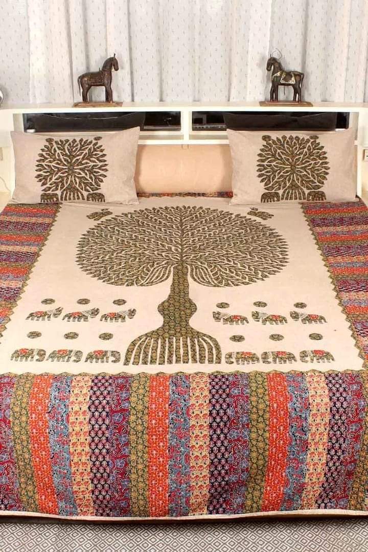 Sazerac Pink Color Cotton Bed Cover Tree of Life Azrak patch work kanta work applique work Size: 90 Inch x 108 Inch-Indiehaat