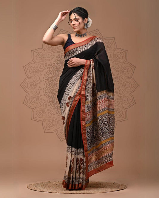 Maheshwari Silk Saree black Handblock Printed With running blouse (Silk by Silk)