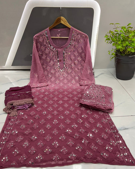 Georgette Kurti Pinkish Red Color Chikankari Ombre Mirror Work with Dupatta, Bottom and Inner - IndieHaat