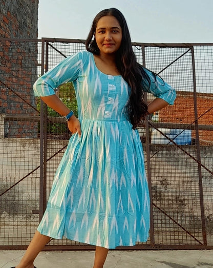 Pure Cotton Dress Ikkat Design Blue 25% Off - IndieHaat
