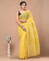 Kota Doria Cotton Saree Yellow Color Block printed with running blouse - IndieHaat