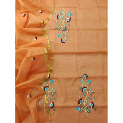 Kota Doria Orange Suit Material 2 Piece Embroidered (Only Top and Dupatta)-Indiehaat
