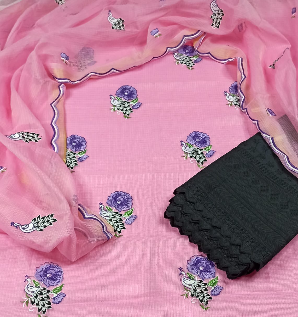 Kota Doria Embroidery Pink Suit Material with Matching Dupatta and Chikenkari Black Bottom-Indiehaat