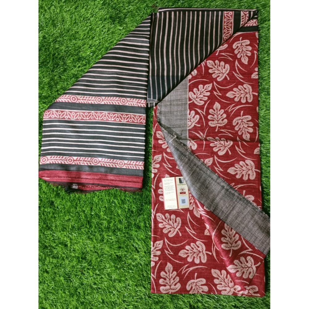 Silkmark Certifiied Tussar Silk Handloom Block Print Saree with Blouse