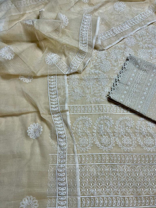 Kota Doria Embroidery Work Suit Material with Chikankari Embroidery work bottom Silver Grey Colour (TOP+DUPATTA+BOTTOM)-Indiehaat