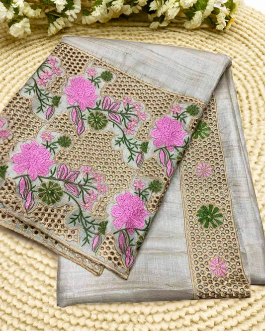 Silkmark Certified Pure Tussar Silk Saree Light Grey Color Hand Embroidery with Hand Cutwork and running blouse - IndieHaat