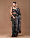 Maheshwari Silk Saree Black Handblock Printed With running blouse (Silk by Silk)