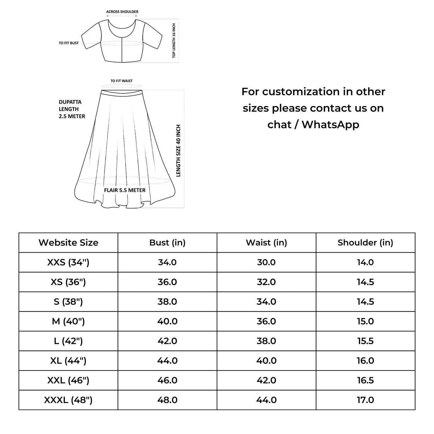 Size chart for IndieHaat products - Lehanga Sets