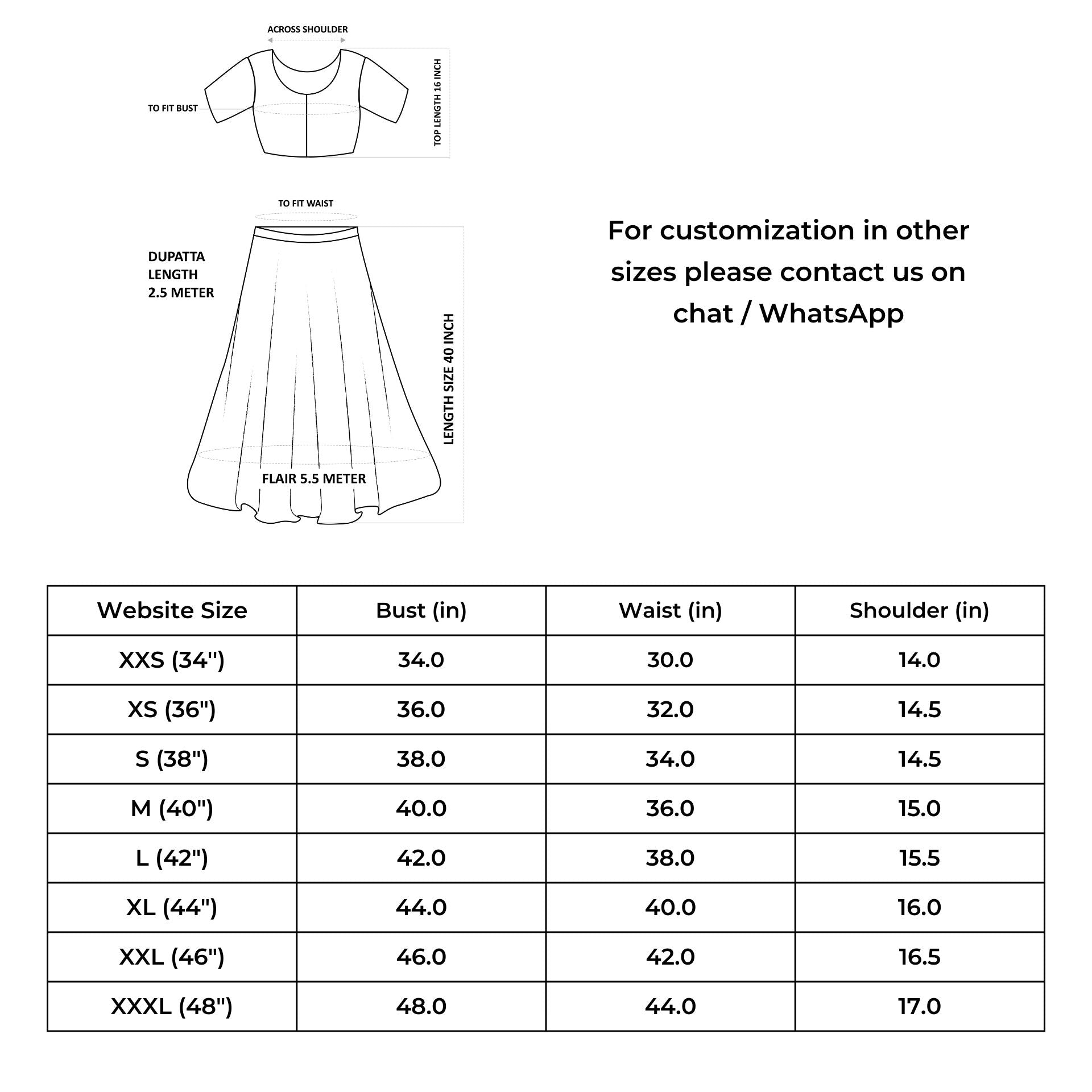 Size chart for IndieHaat products - Lehanga Sets