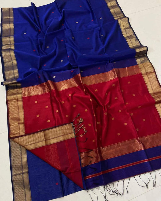 Maheshwari Handloom Handwoven Saree Indigo Blue Color Double Design Zari Border with flower buti pallu and contrast blouse - IndieHaat