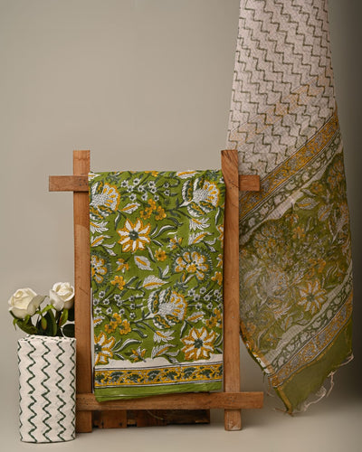 Cotton Suit Set Green and White Handblock Printed with Kota Dupatta (Length: 2.5 meter Each)-Indiehaat