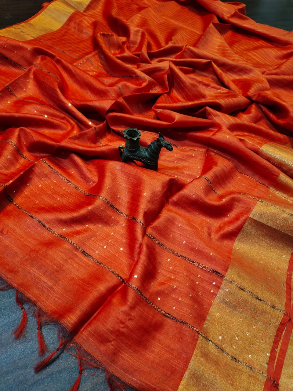 Kota Slub Striped Body Sequence Pallu Hand Dyed Orange Saree with Blouse-Indiehaat
