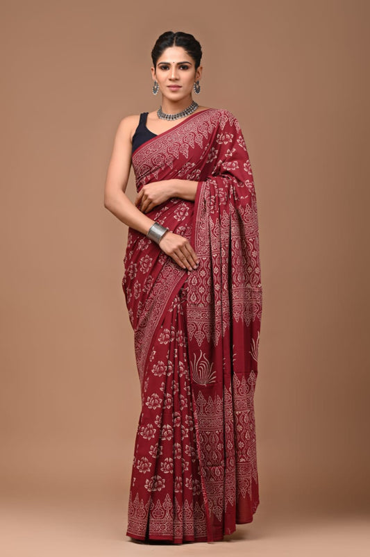 Mulmul Cotton Saree Deep Red Color Handblock Printed with running blouse - IndieHaat