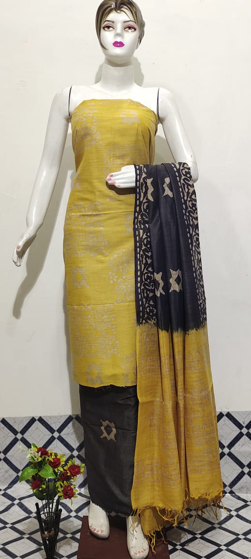 Khadi Cotton Batik Handblock Print Yellow Suit Piece with Bottom and Dupatta-Indiehaat