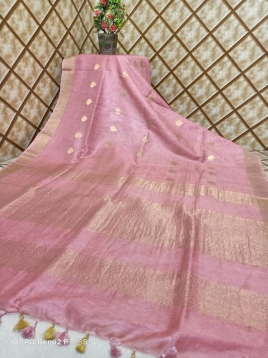 Silk Linen Banarasi Brocade Weaving Handloom Pink Saree With Blouse-Indiehaat