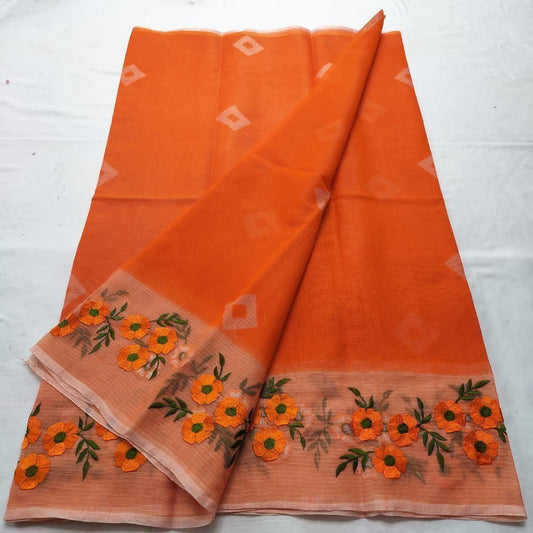 Kota Doria Bandhej and Embroidery Work Saree Orange Color With Blouse Handcrafted-Indiehaat