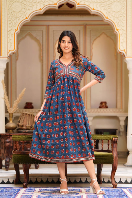 Pure Cotton Medium Blue Color Handblock Printed Naira Cut V Neck Dress (Size: 36-46) - IndieHaat