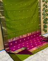 Maheshwari Handloom Handwoven Saree Olive Green Color Double Design Zari Border with flower buti pallu and contrast blouse - IndieHaat