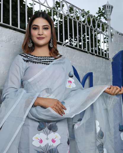 Kota Doria Suit (Top+Bottom+Dupatta) Light Grey Color Hand Painting with Stitch embroidery work - IndieHaat