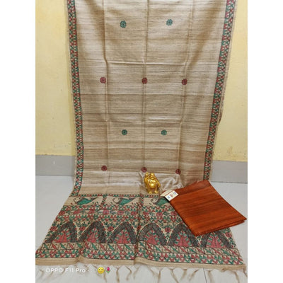 Tussar Silk Madhubani Biege Dupatta and Plain Tussar Silk Orange color Top (Tussar by Tussar) Silkmark Certified-Indiehaat