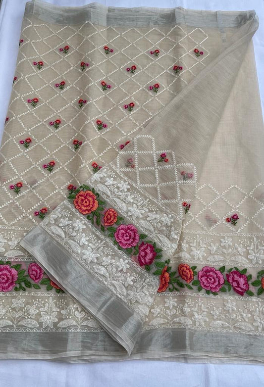 Kota Doria Embroidery Grey Saree with blouse Handcrafted-Indiehaat