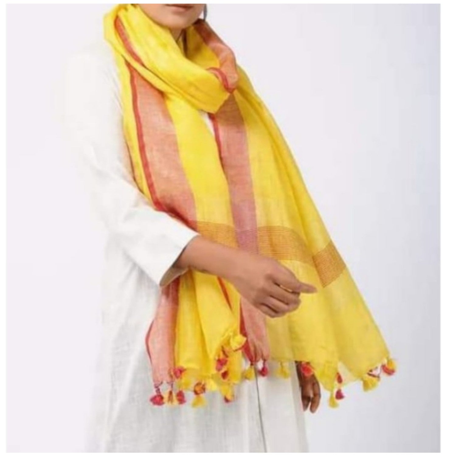 Hand Dyed Pure Linen Yellow Dupatta-Indiehaat