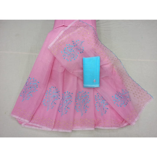 Kota Doria Embroidery Pink Saree with blouse Handcrafted-Indiehaat