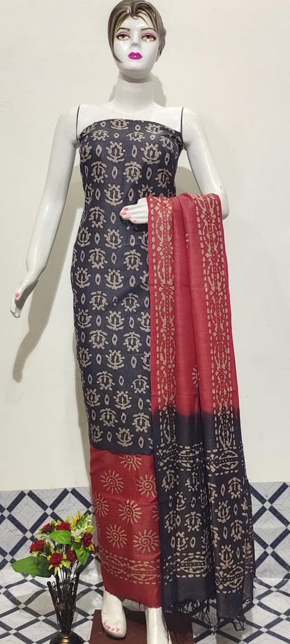 Khadi Cotton Batik Handblock Print Gray Suit Piece with Bottom and Dupatta-Indiehaat