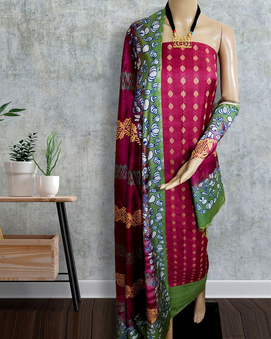 Katan Silk Suit Piece Magenta Pink Color with Printed Dupatta - IndieHaat