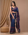 Maheshwari Silk Saree blue Handblock Printed With running blouse (Silk by Silk)