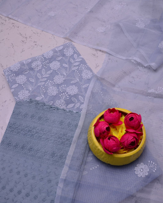 Kota Doria Suits Lavendar Grey & Slate Blue Color Embroidery Work (Top+Bottom+Dupatta) - IndieHaat