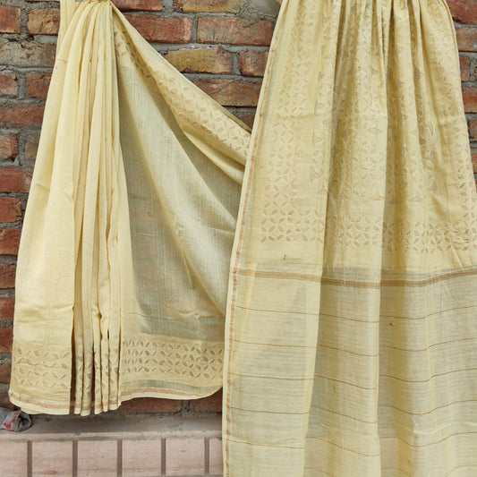 Chanderi Silk Yellow Saree Hand Applique Work with running blouse-Indiehaat
