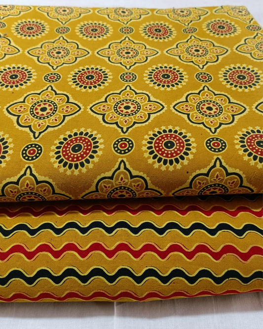 Indiehaat Cotton Mustard Yellow Suit Ajrakh Printed( Top and Bottom Only| 2.5 meter each