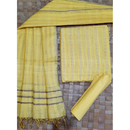 Katan Silk Yellow Suit Piece with Bottom and Dupatta Handcrafted-Indiehaat